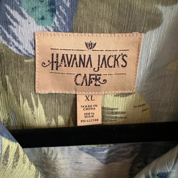Havana Jacks Café Hawaiian Men’s Button Up Shirt XL Green Blue 100% Silk Floral - Picture 3 of 5